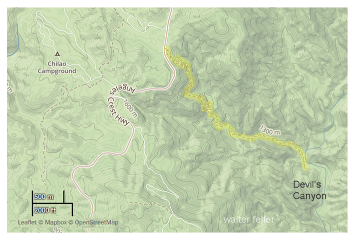 Trail map of trail from Chilao to Devil's Canyon in the San Gabriel National Monument